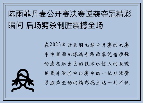 陈雨菲丹麦公开赛决赛逆袭夺冠精彩瞬间 后场劈杀制胜震撼全场